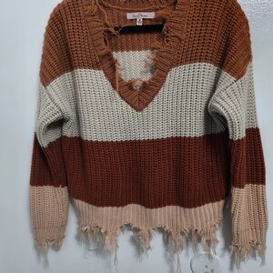 Love Tree V-Neck Sweater in Rust, Cream, and Tan Sz.M